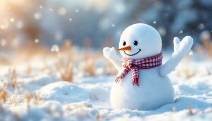 Joyful Snowman in Snowy Winter Landscape