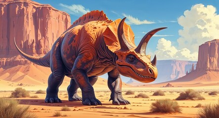 Fototapeta premium Portrait dimetrodon on sunbaked desert landscape background illustration