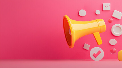 Business startup results concept. A vibrant yellow megaphone stands against a pink backdrop, surrounded by various icons representing communication and digital marketing.