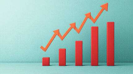 Business startup results concept. A vibrant graphic showing a rising bar chart with an upward arrow, symbolizing growth and success in data and analytics.