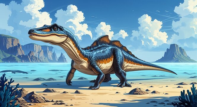 Portrait ichthyosaurus on prehistoric ocean surface background illustration
