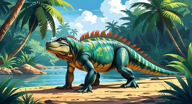 Portrait iguanodon on tropical riverbank background illustration