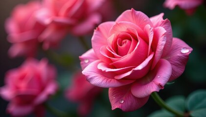 Delicate rose petals with water droplets glistening on their surface, dew, nature, bloom