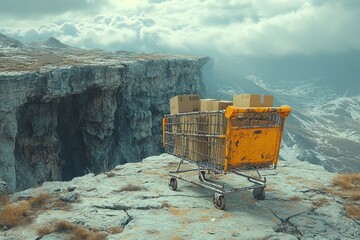 Abandoned shopping cart with boxes on a cliff edge, overlooking a canyon