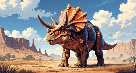 Fototapeta premium Portrait protoceratops on dusty badlands background illustration