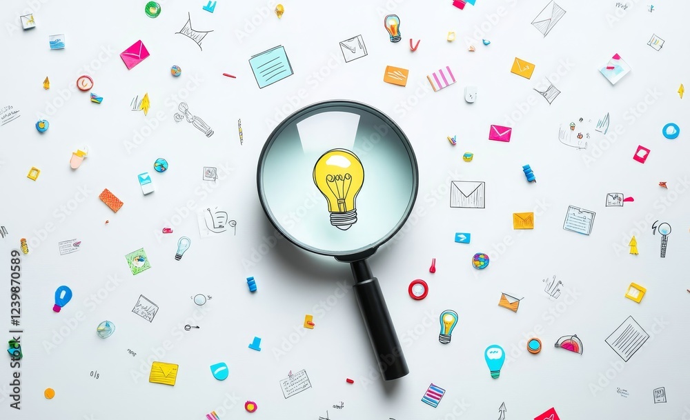 Poster magnifying glass focusing on a lightbulb idea amidst various colorful icons on a white background.