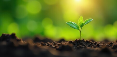 Dewy young seedling emerges from earthy soil in morning sunlight filtering through leafy greenery, bloom, nature, sunlight