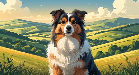 Obraz premium Portrait Shetland Sheepdog on rolling countryside hills background illustration