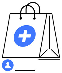 Shopping bag with blue medical cross and user profile icon. Ideal for healthcare, e-commerce, telemedicine, medical delivery, online pharmacy, logistics, abstract line flat metaphor