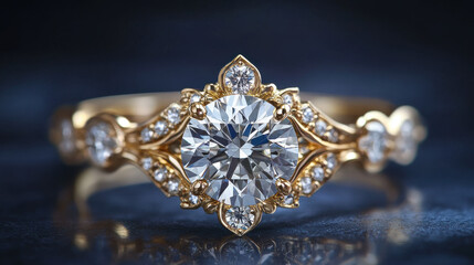 Elegant gold engagement ring with a sparkling diamond centerpiece and intricate detailing, symbolizing luxury, romance, and timeless commitment