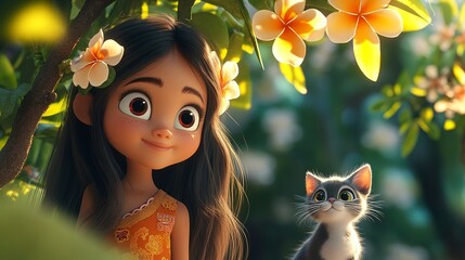 Adorable Cartoon Girl and Kitten in a Flowery Garden