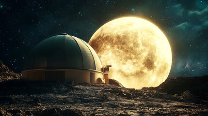 stunning observatory on lunar landscape under bright full moon, surrounded by stars, evokes sense of wonder and exploration
