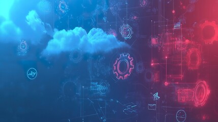 Cloud computing network, data processing, digital technology, global connection, futuristic background, ideal for tech presentations