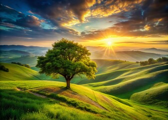 Obraz premium Sunrise Over Rolling Hills: A Symbol of New Beginnings and Innovation in Nature