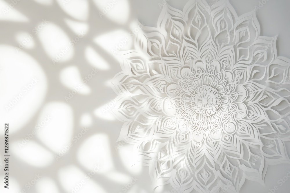Poster intricate white paper mandala with shadow patterns on wall.