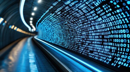 A futuristic tunnel with glowing binary code, suggesting themes of technology and data flow.