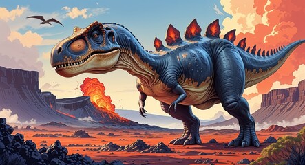 Fototapeta premium Portrait tarbosaurus on rugged volcanic landscape background illustration