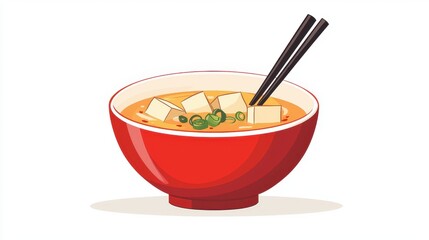 Delicious bowl of hot soup with tofu and green onions in red ceramic bowl