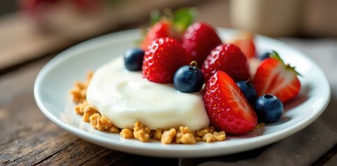Fresh berries atop a plate of creamy yogurt and crunchy homemade granola, yogurt, dessert, bowl