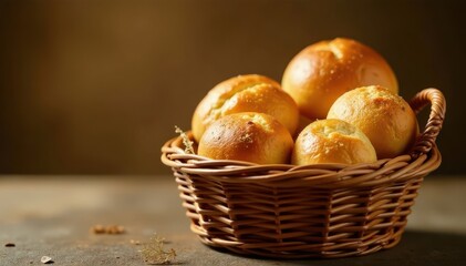 Freshly baked bread and assorted rolls nestled in a woven wicker basket, cottage, basket, food