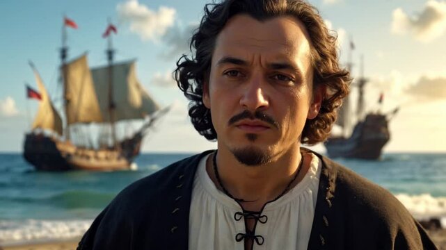 Christopher Columbus stands on the shore, gazing at the land he has just discovered. Behind him, his ships rest on calm waters, marking the dawn of a new era.