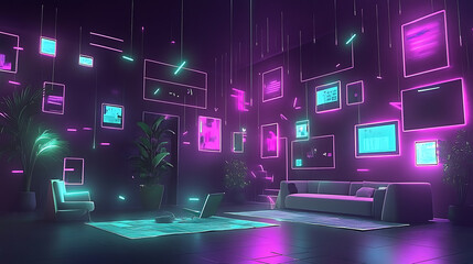 Obraz premium Virtual lounge showcase futuristic living room digital art high-tech environment aesthetic perspective modern design concept