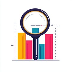 Business startup results concept. A colorful bar chart with a magnifying glass overlay, symbolizing analysis and data inspection.