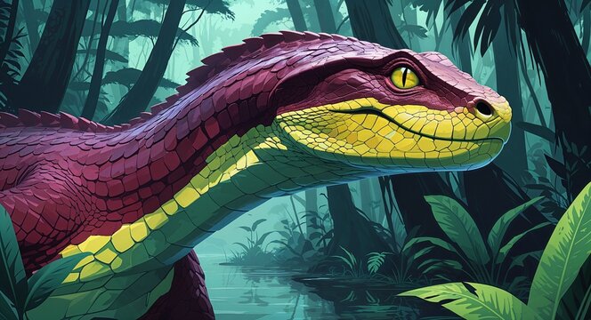 Portrait titanoboa on swampy rainforest background illustration