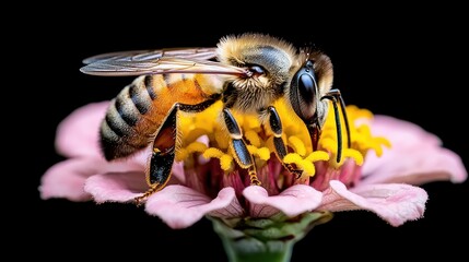 Fototapeta premium A close-up of a bee collecting nectar from a pink flower.