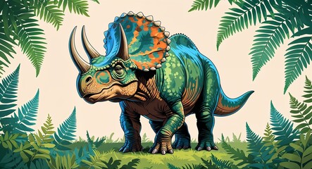Fototapeta premium Portrait triceratops on open fern covered plain background illustration