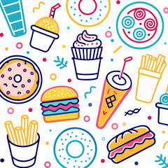 Colorful illustration of various fast food items like burgers, fries, donuts, pizza, ice cream, and soda.