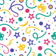 Here's a description and keywords for your image.. Festive confetti pattern with stars, swirls, and dots on white background.