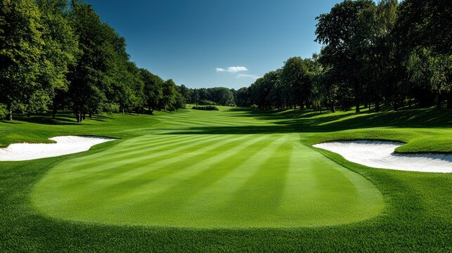 A serene golf course landscape featuring manicured grass and sand traps.