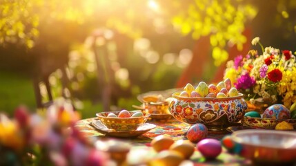 Naklejka premium A vibrant Haft-Seen table with spring flowers and colorful eggs, symbolizing renewal and hope in Persian New Year traditions.