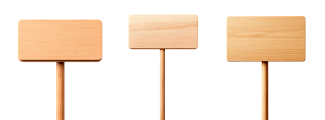 Set of wooden signa light wooden sign on a long wooden pole isolated on transparent background 
