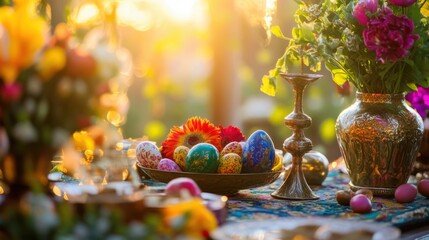 Naklejka premium A vibrant Haft-Seen table with spring flowers and colorful eggs, symbolizing renewal and hope in Persian New Year traditions.