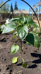 pepper seedlings in a garden bed. gardening. tomato plant.