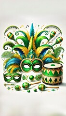 Obraz premium Magnificent Green and Gold Carnival Mask with Majestic Feathers, Drums, Maracas, and Musical Elements in a Vibrant Festive Atmosphere