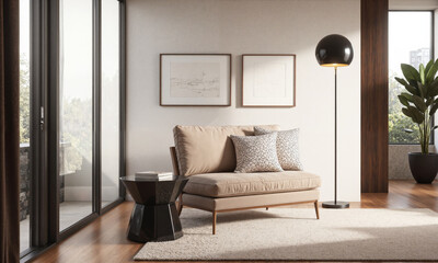 A modern reading corner with a mocha mousse-colored velvet armchair positioned next to a minimalist side table made of black metal and glass.
