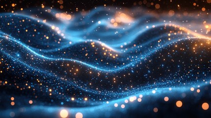 Obraz premium Abstract Digital Art Flowing Lines Luminous Dots in Blue and Turquoise