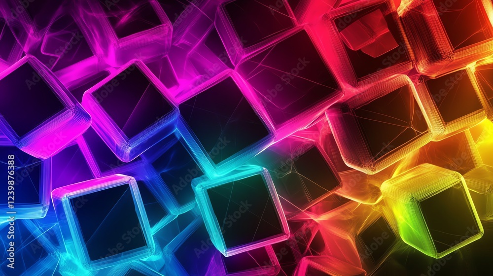 Poster vibrant abstract design featuring luminous cubes in a colorful mosaic pattern with a dark background