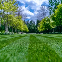 Lush Green Lawn  Striped Grass  Spring Landscape  Sunny Day  Trees  Blue Sky