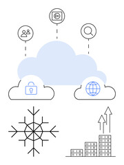 Cloud with icons for security, analytics, global access, team collaboration. Snowflake symbol and growing skyscrapers. Ideal for tech solutions, data storage, digital trends, teamwork security