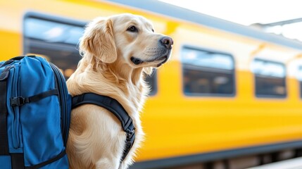 A golden retriever with a backpack waits at a train station near a yellow train.