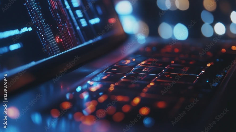 Poster night glow: laptop keyboard with coding display