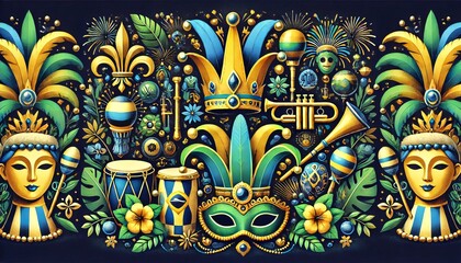 Brazilian Carnival with a Golden Trumpet, Colorful Percussion, Festive Masks, Lush Greenery, and a Crown in a Majestic Musical Celebration