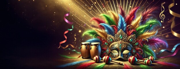 Fototapeta premium Spectacular Carnival Mask with Rainbow Feathers, Bongo Drums, Maracas, and Magical Lights in a Night of Brazilian Rhythm and Dance