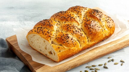 Naklejka premium Artisan bread loaf with seeds rustic kitchen food inviting mood close-up freshly baked delight