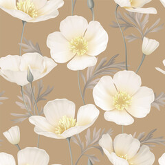 Floral seamless pattern features delicate white California Poppy flowers and leaves on a sandy brown background