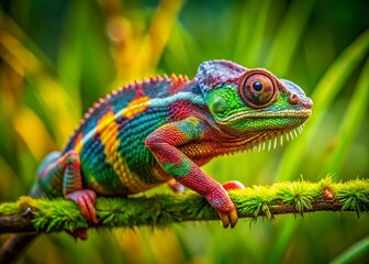 Obraz premium Tiny Chameleon on Green Branch - Candid Wildlife Photography